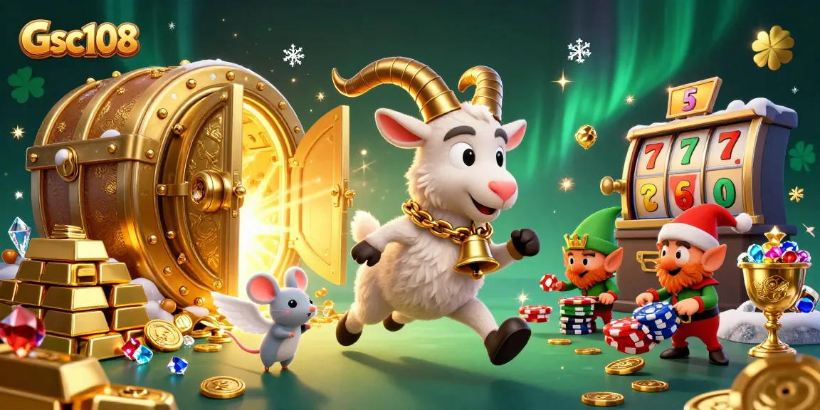 Experience the thrill of Gsc108 casino gaming with festive characters in a dynamic 3D illustration.