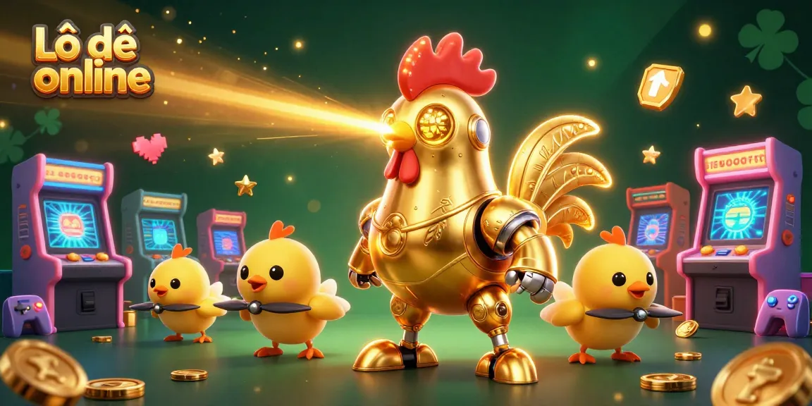 Engage in Lô đề online as a vibrant golden rooster robot and baby chick drones bring excitement to gaming.