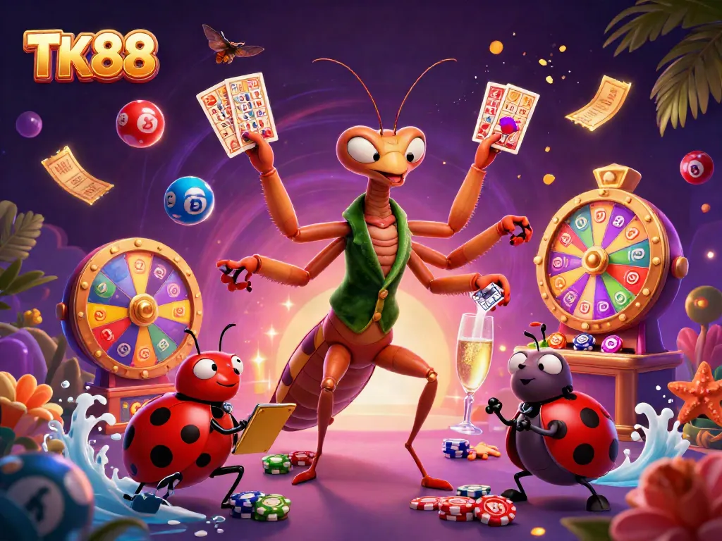 Experience excitement at TK88 with a giant praying mantis card sharp and vibrant casino elements.
