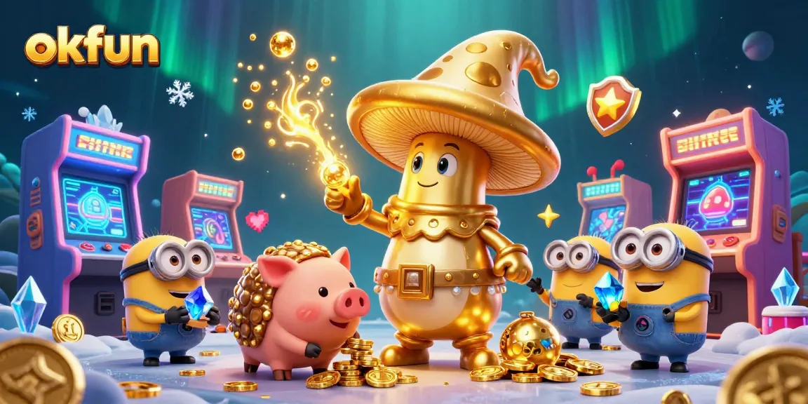 Engage with okfun's magical world, featuring a wizard and treasures amidst vibrant casino elements.