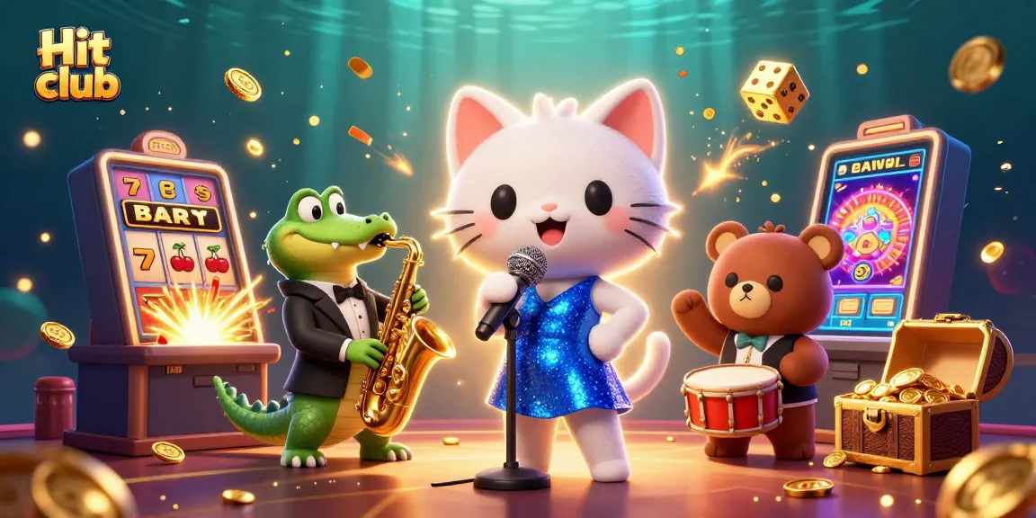 Experience the Hit club with a lively 3D scene featuring a jazz-singer cat, crocodile, and bear in a vibrant casino setting.