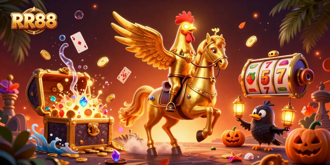 Experience the vibrant RR88 casino scene with a golden rooster and treasure-filled underwater treasures.