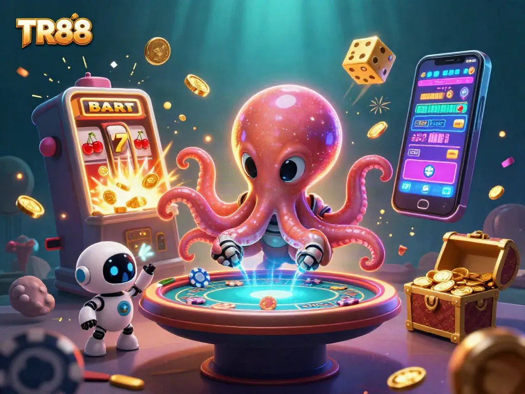 Experience TR88 excitement with an alien octopus and holographic poker in a vibrant casino setting.