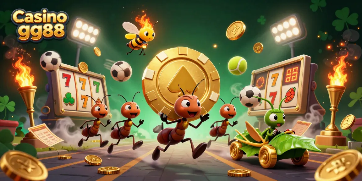 Engage in the adventure of Casino gg88 where ants triumphantly steal a giant poker chip amidst dazzling casino elements.