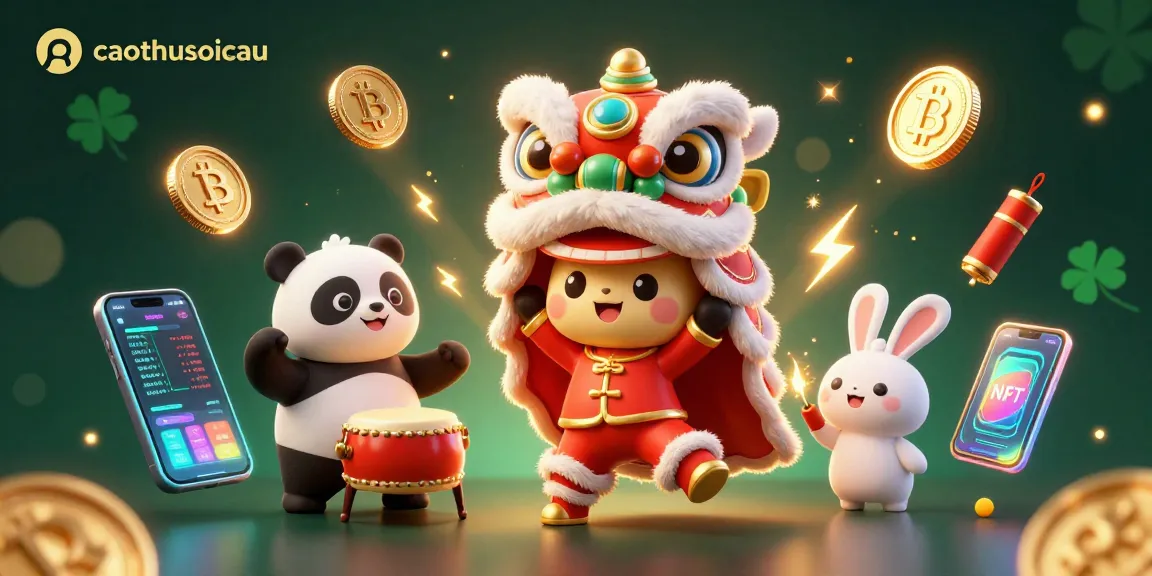 Celebrate with caothusoicau's colorful lion dance illustration, showcasing vibrant characters and crypto elements.