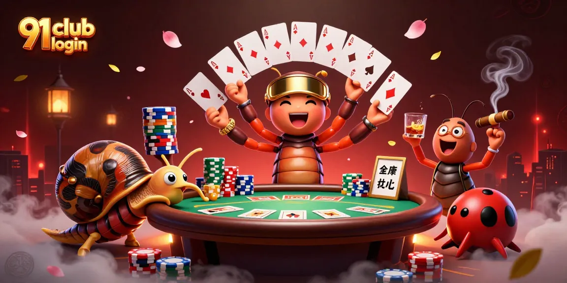 Engage in your next win with 91 club login at a vibrant poker table with dynamic characters.