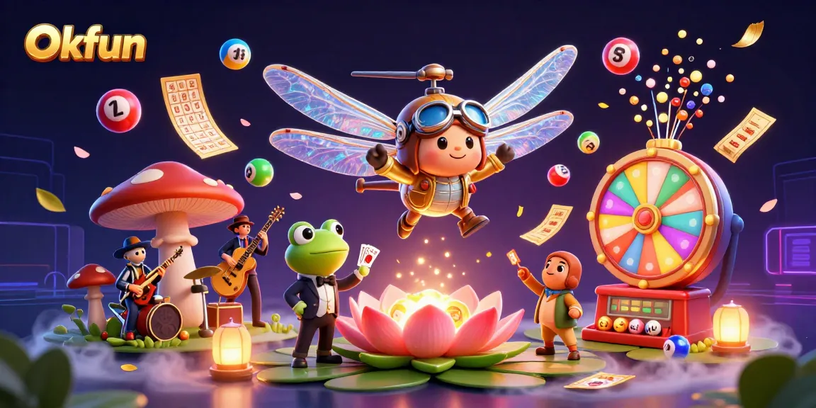 Win big at Okfun with lively frog croupiers and vibrant lottery elements in a dynamic 3D illustration.
