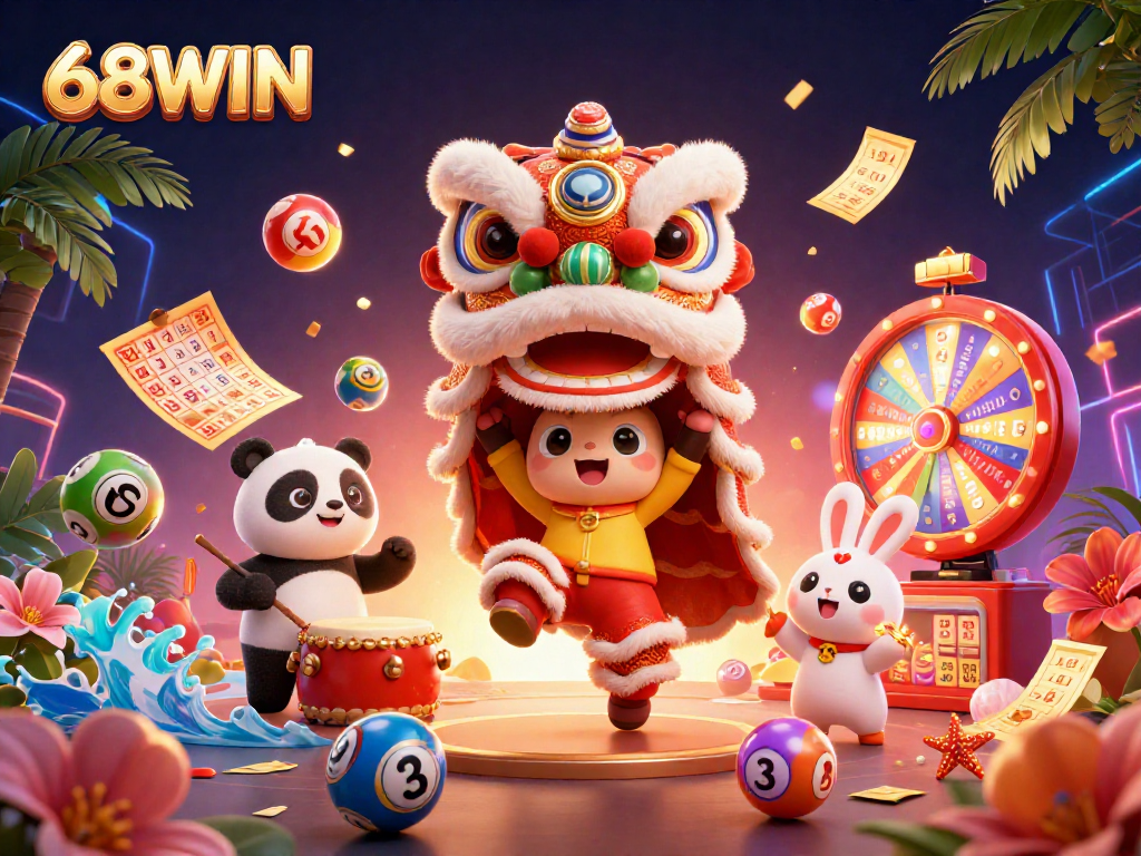 Experience winning at 68WIN with vivid lottery elements and exciting characters in a casino scene.
