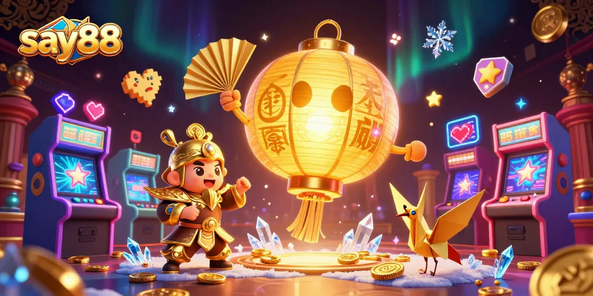 Experience excitement at say88 with a vibrant night market casino scene featuring lucky symbols and game elements.