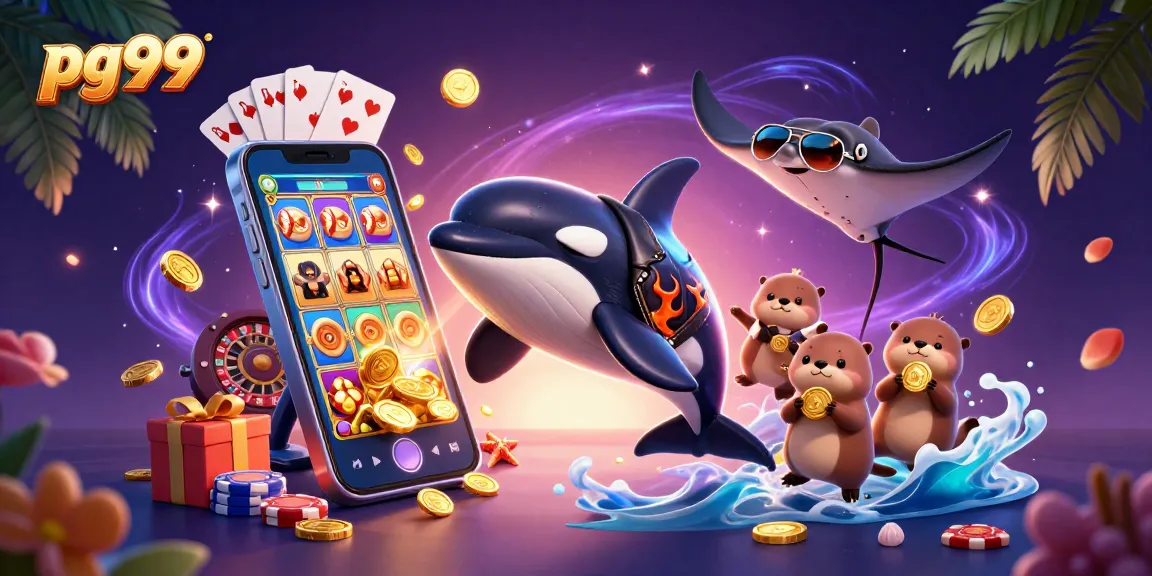 Experience thrilling jackpots with pg99 as a playful orca, stingray, and otters celebrate around vibrant casino games.