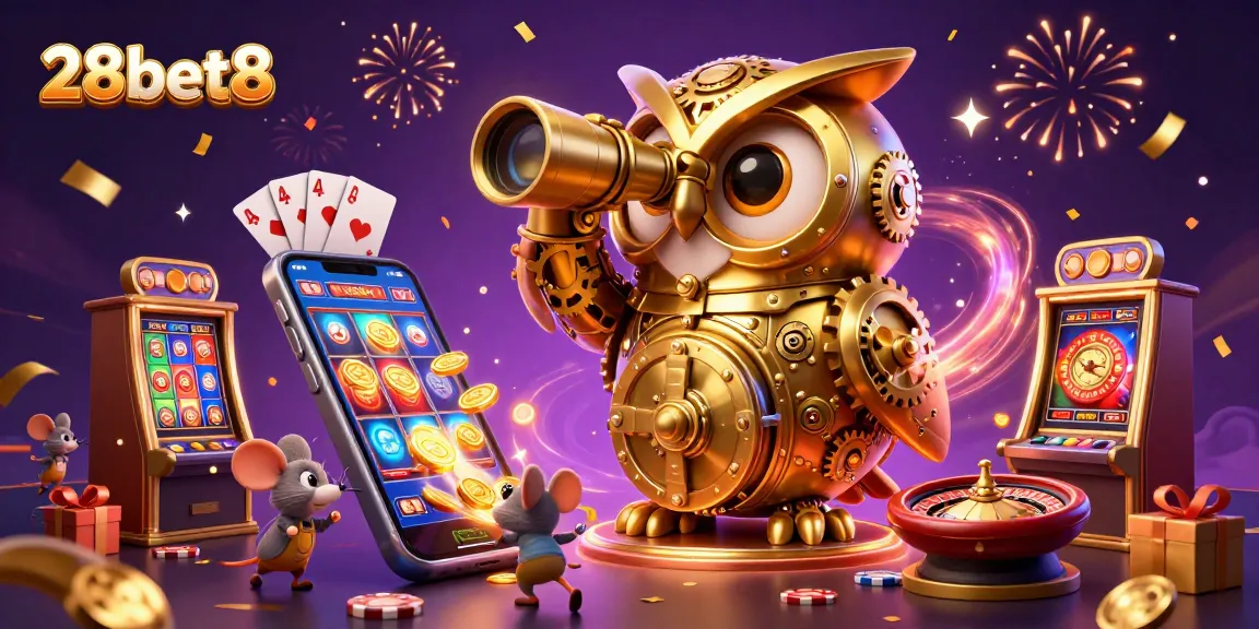 Experience exciting play at 28bet8 with a vibrant depiction of a dynamic casino atmosphere filled with golden treasures.