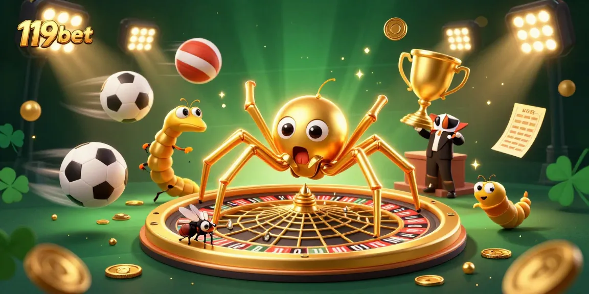 Experience thrilling betting at 119bet with a dynamic roulette scene featuring a golden spider and vibrant sports elements.