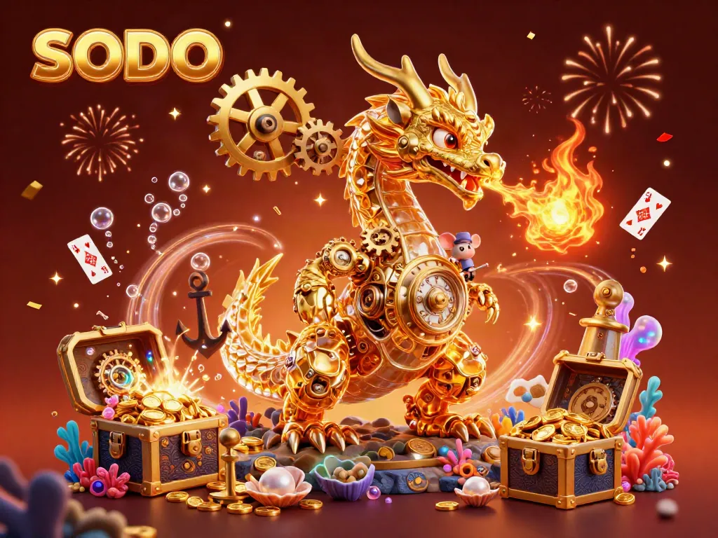 Sculpting winning strategies at SODO's thrilling casino scene with a golden dragon and colorful treasures.