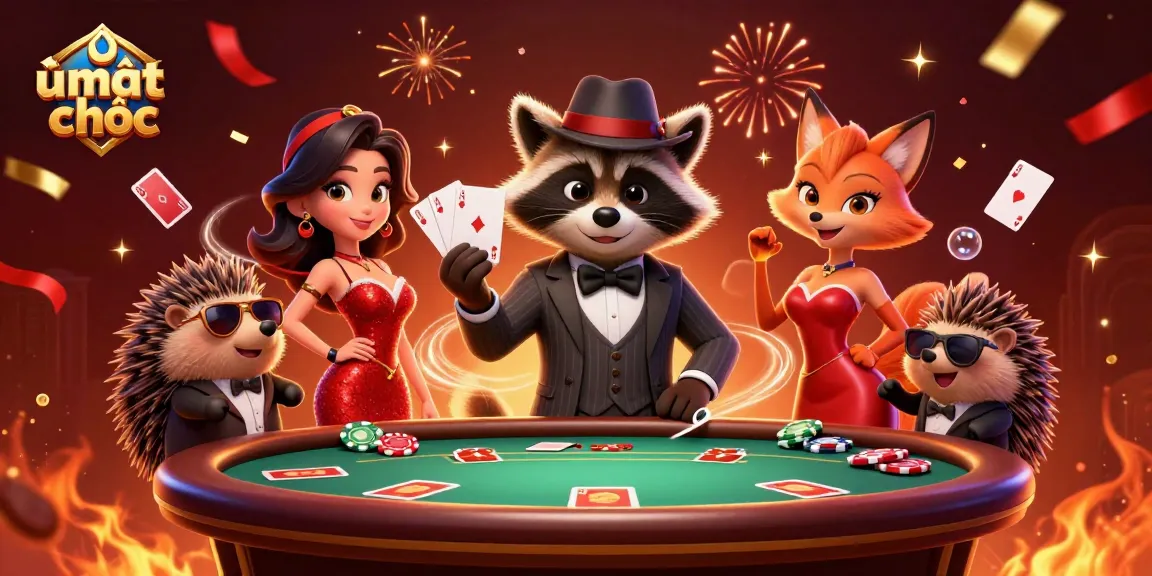 Experience thrilling moments of ù mạt chược with a charming casino scene featuring raccoon and friends.