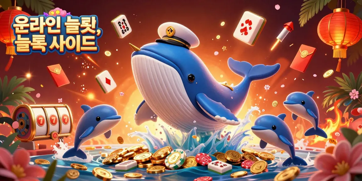 Experience the excitement of 온라인 슬롯, 슬롯 사이트 with a 3D illustration featuring a whimsical whale and playful characters amidst coins and casino symbols.