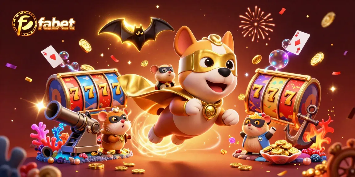 Experience fabet's thrilling gameplay with a superhero dog and slot reels in a vibrant casino scene.