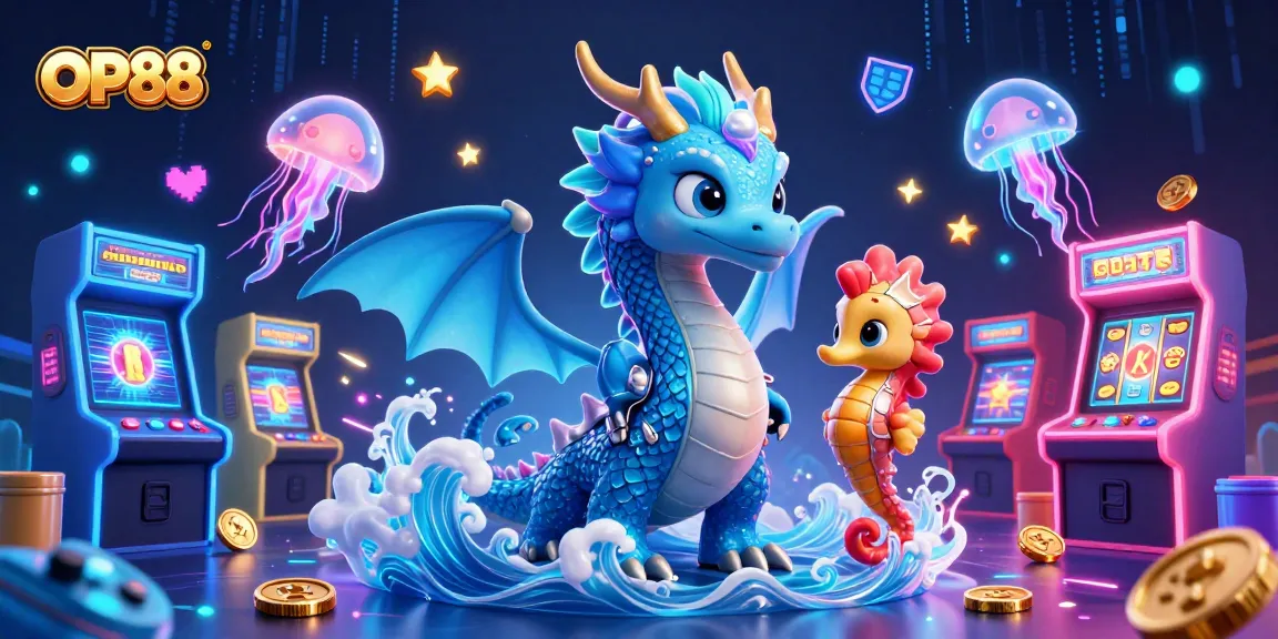 Win big at OP88 with vibrant gaming elements including a dragon and seahorse in a lively scene.