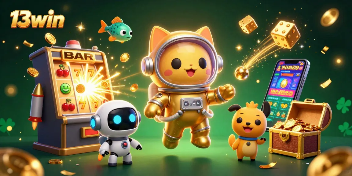 Win big with 13win in a vibrant 3D casino illustration featuring an astronaut cat and a jackpot explosion.