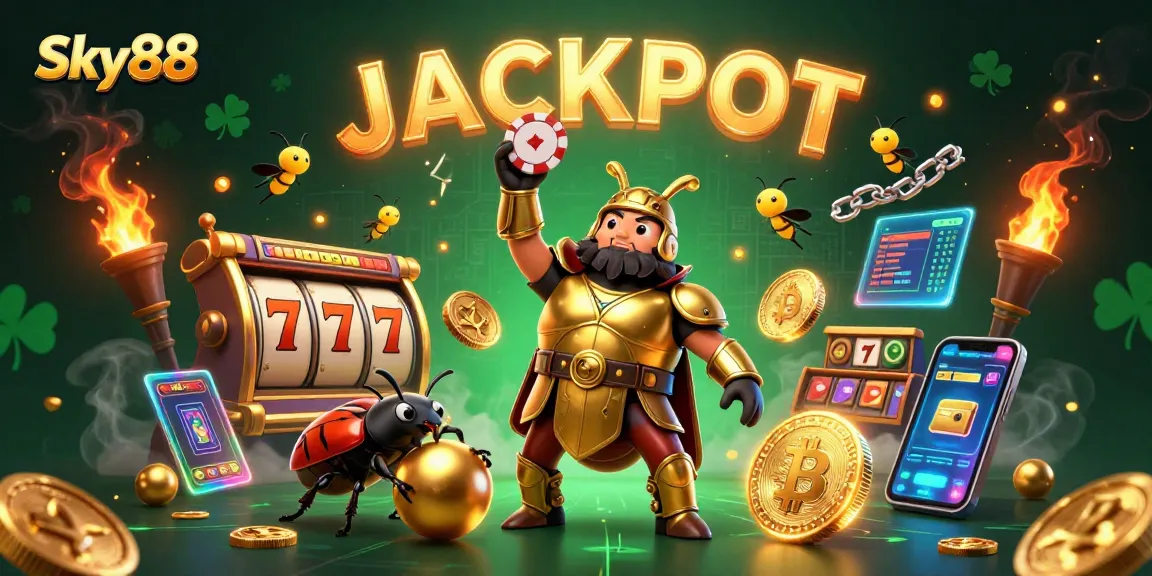 Experience thrilling wins with Sky88's dynamic jackpot scene featuring playful beetles and vibrant casino elements.