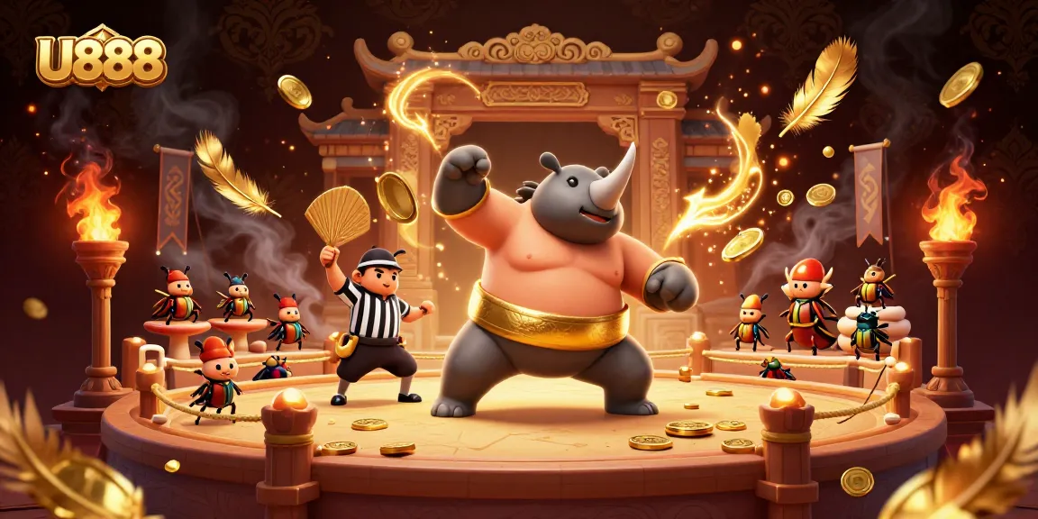 U888 showcases a dynamic 3D scene of beetle champions and golden coins flying during intense gambling action.