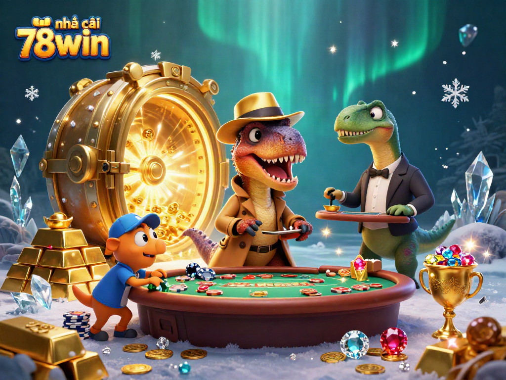 The nhà cái 78win showcases an exciting scene of cartoon dinosaurs at the blackjack table, enhancing the thrill of gaming.