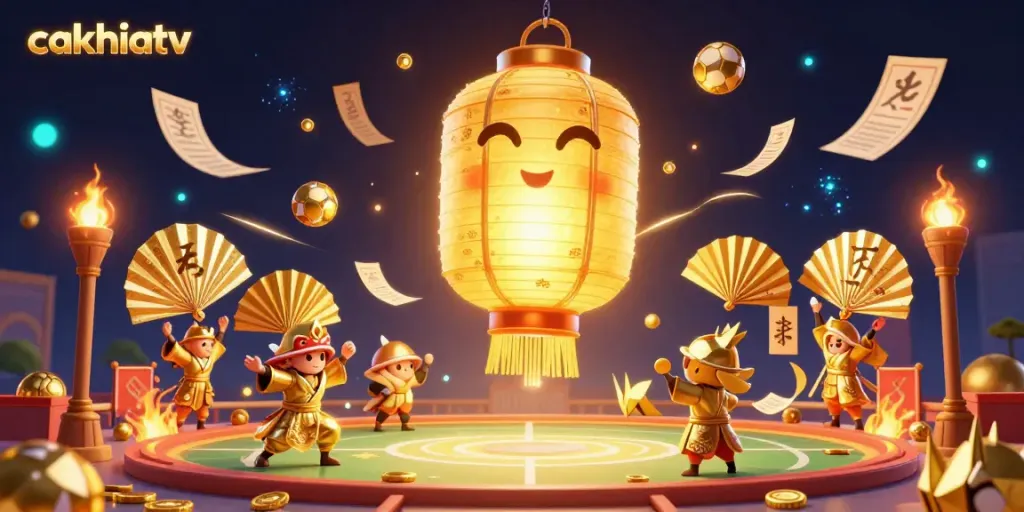 Cakhiatv offers a vibrant sports betting atmosphere featuring dynamic elements like glowing lanterns and lucky symbols.