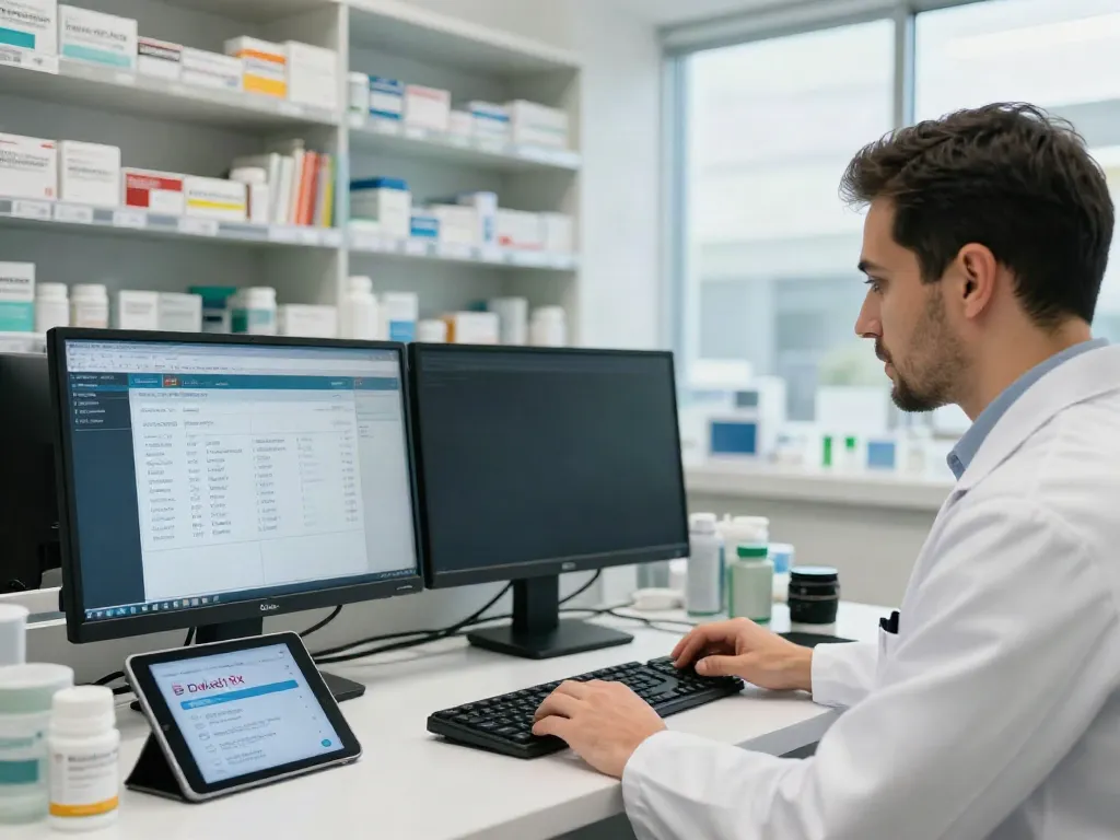 Dha license details displayed on a pharmacist's screen in a modern pharmacy.
