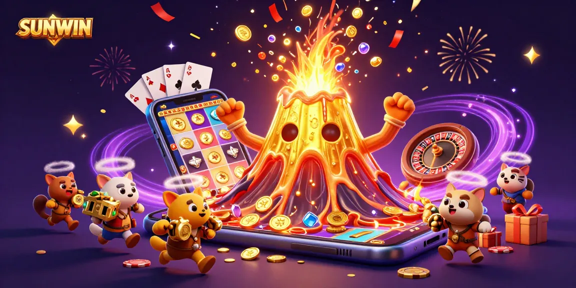 SUNWIN players celebrate wins with a vibrant volcano of coins and thrilling slot games.