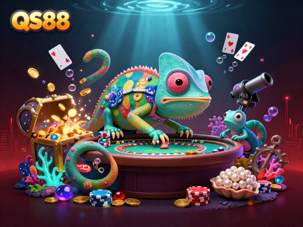 Engage with QS88's thrilling casino experience, featuring a vibrant chameleon owner and dynamic gaming elements.