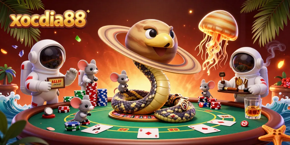 Xocdia88 gaming scene with astronaut mice betting on a cosmic roulette, complete with poker elements.
