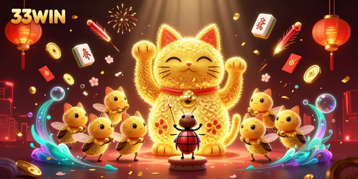 Experience the thrilling 33WIN casino world with golden fireflies and vibrant gaming symbols.