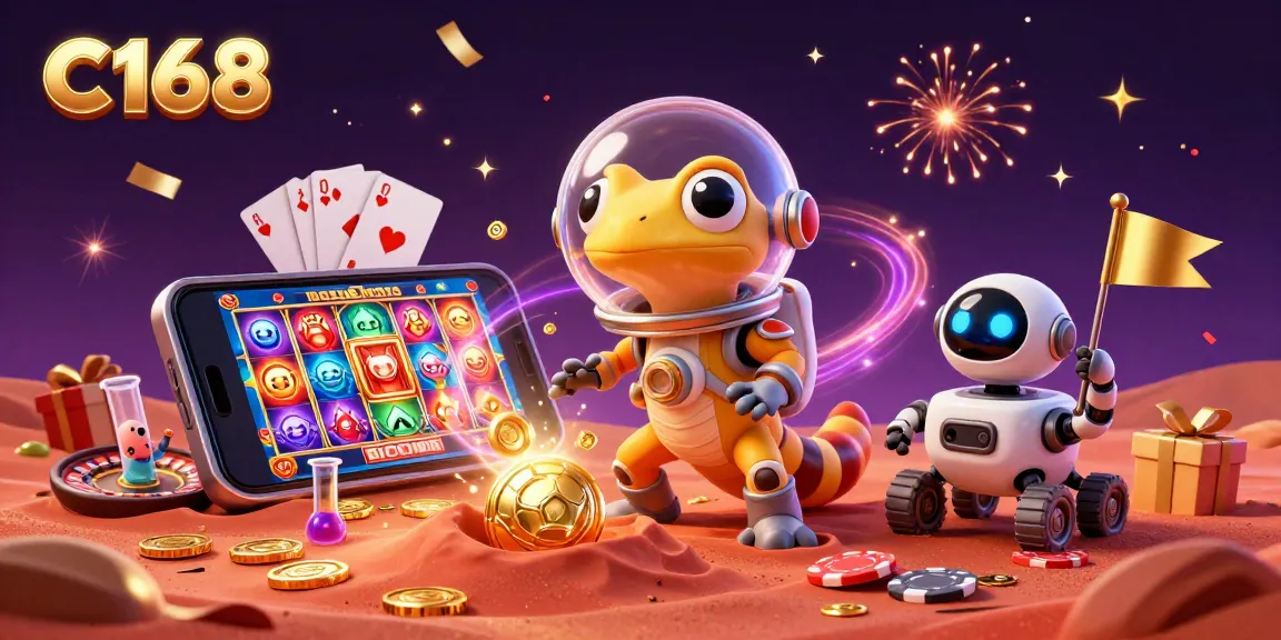 C168 slots and casino adventure scene with a Martian gecko, robot, and confetti.