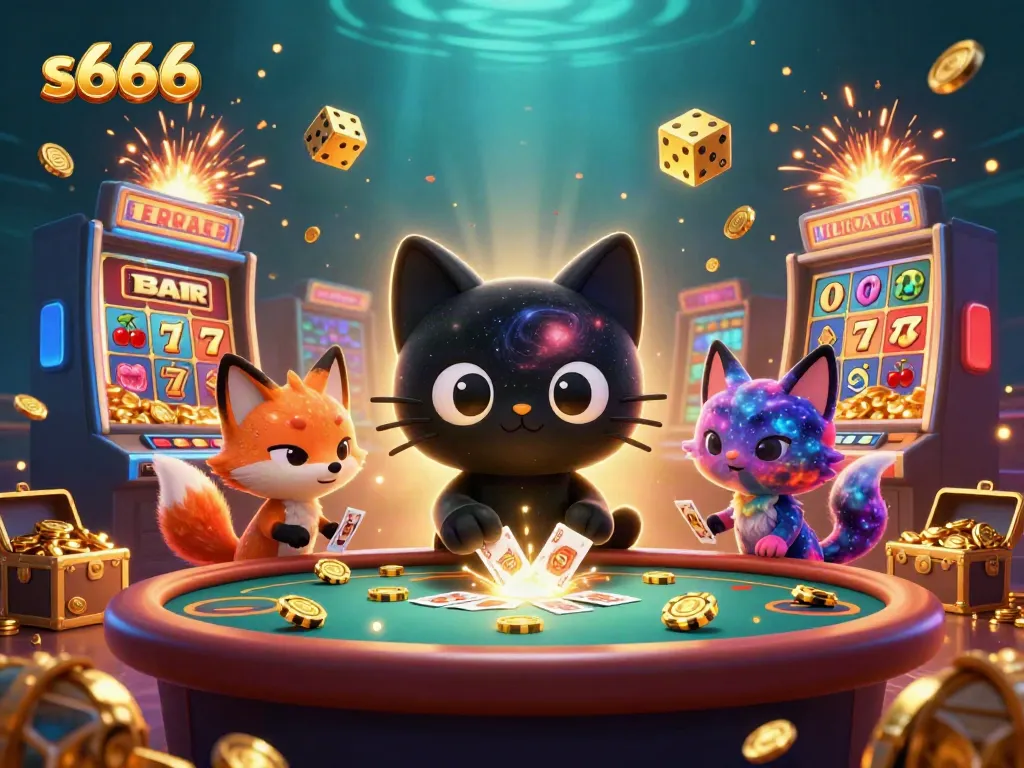 Experience the vibrant casino world with s666, featuring a cosmic cat and fox amidst golden jackpots and colorful games.