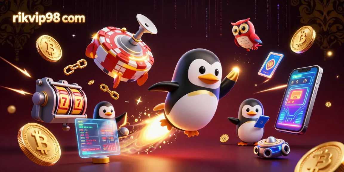 Experience the excitement of gaming at rikvip98 com with a dynamic 3D illustration showcasing a rocket-powered penguin and casino elements.