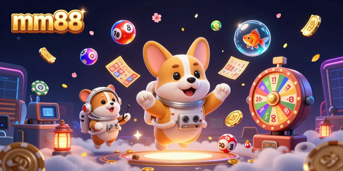 Experience mm88 in a dynamic, colorful casino scene with floating characters, games, and lots of excitement.