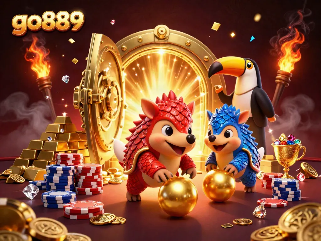 Competitive pangolins play for gold in a lively casino scene, showcasing go889's vibrant gaming atmosphere.