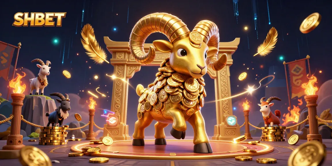 Experience the dynamic thrill of SHBET with a golden ram charging at a casino gate amidst vibrant elements of gaming.