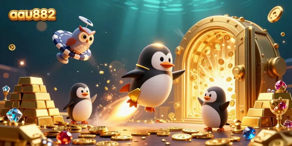 The rocket penguin from aau882 explores a vibrant casino universe filled with gold coins and treasures.