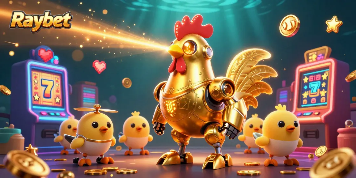 Experience winning at Raybet with a dazzling casino scene featuring a golden rooster robot and baby chick drones.