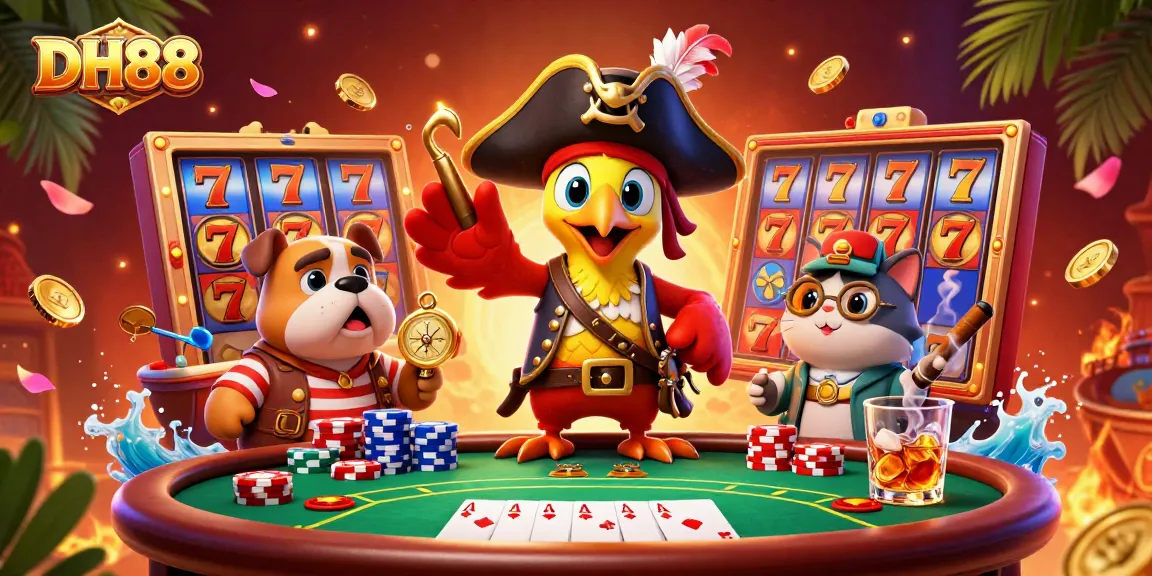 Engage in exciting gameplay at DH88 with vibrant slot reels, golden coins, and rich casino elements.