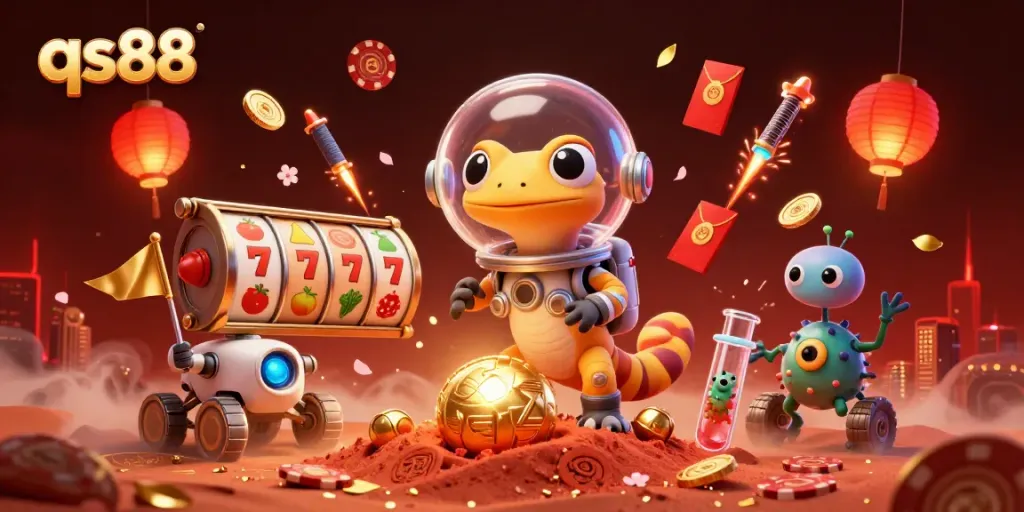 Experience qs88 excitement with a Martian gecko and alien cheering in a dynamic casino scene.