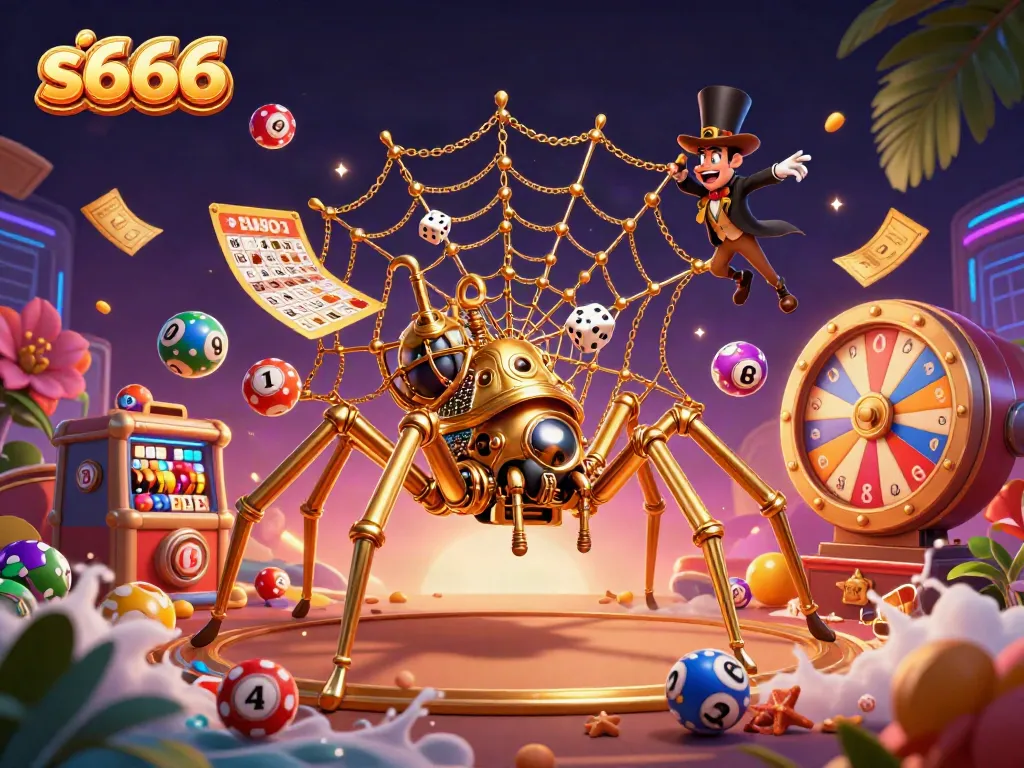 Engage with s666 through a vibrant 3D illustration of a steampunk spider webbing luck and prizes in an online casino.