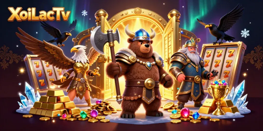 Engage with XoiLacTv's thrilling gaming world featuring Viking and eagle champions amidst riches.
