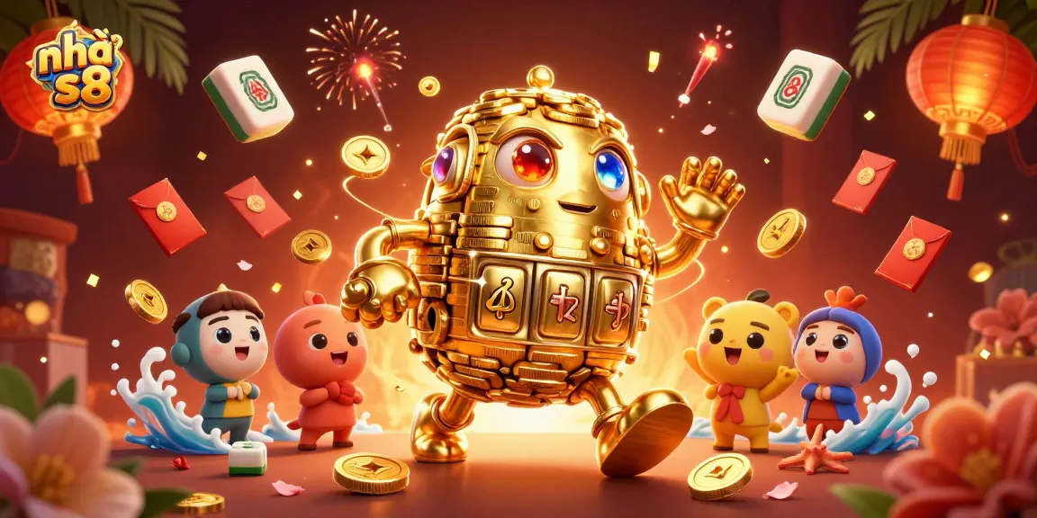 Engage with nhà cái s8's vibrant gaming world featuring a golden golem surrounded by festive casino elements.