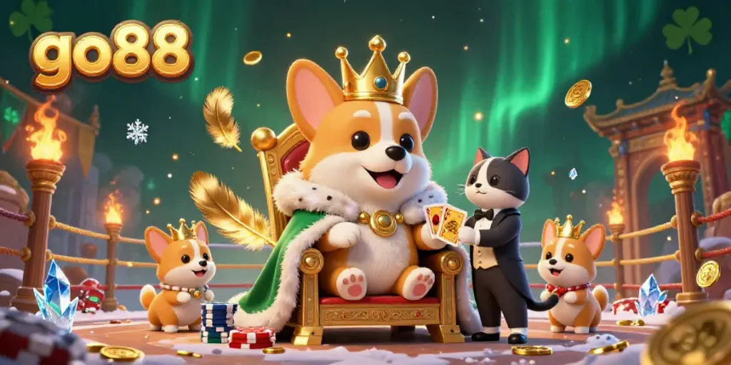 Experience exciting gaming with go88's playful corgi royalty in a vibrant casino scene.