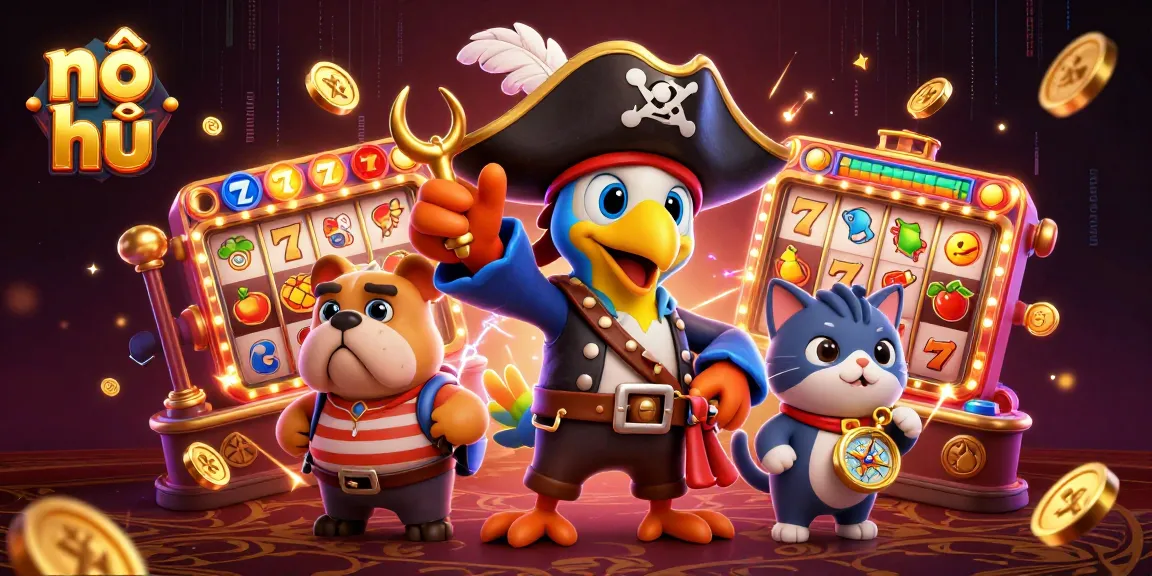 Nổ hũ gameplay illustration featuring a pirate captain and bulldog amid slot machine elements and gold coins.