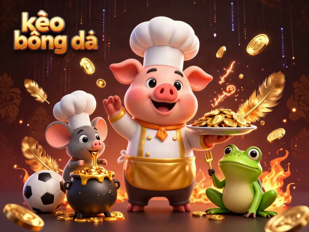 Engage with kèo bóng đá by enjoying a vibrant scene featuring a chef pig serving gold coins amidst sports betting excitement.