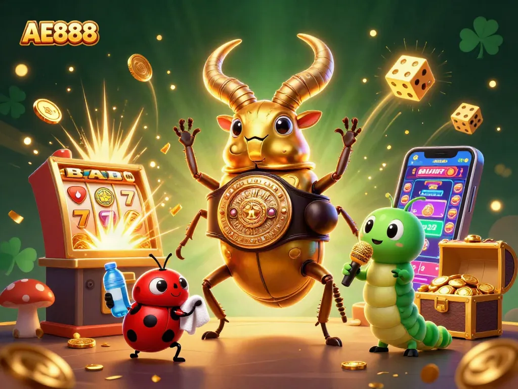 Experience the thrilling AE888 world with a golden stag beetle in dynamic casino action.
