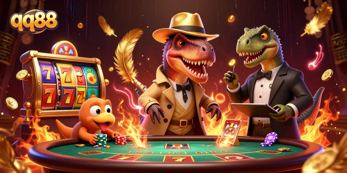 Experience thrilling gameplay at qq88 with cartoon characters in a lively casino environment featuring blackjack tables and slot machines.