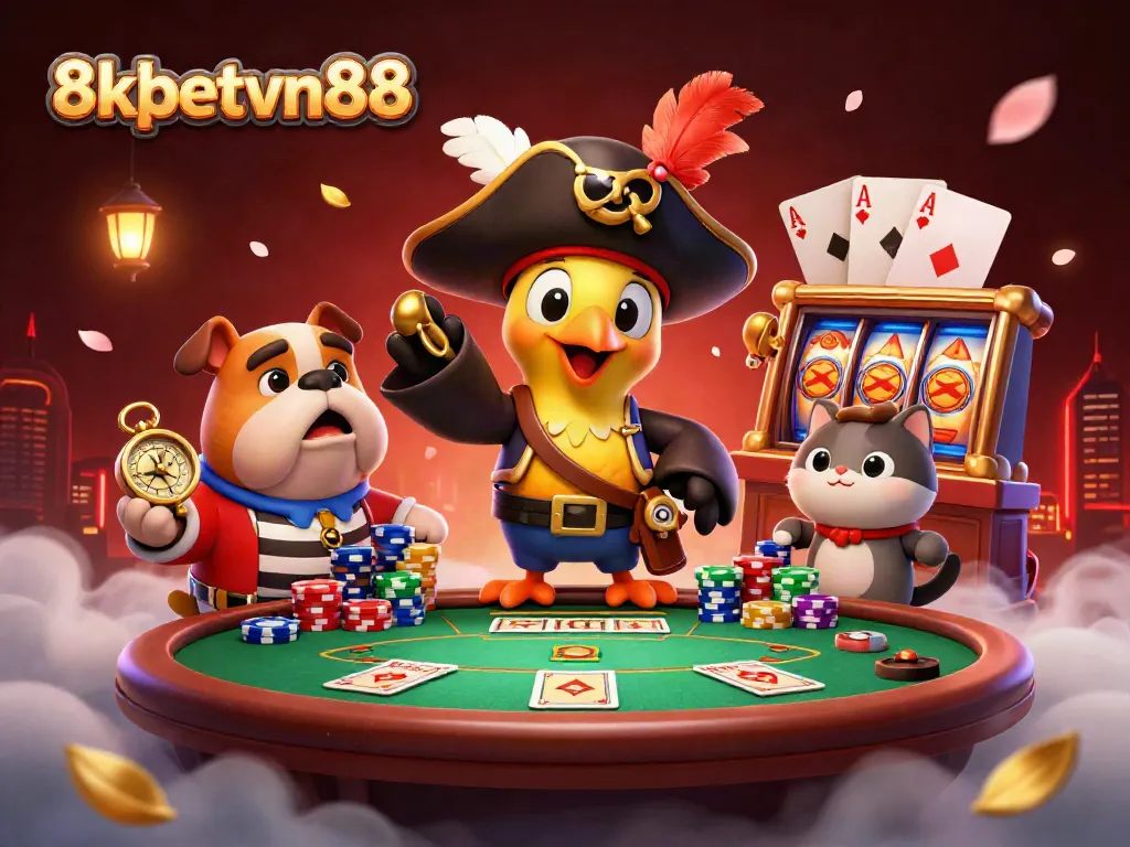 Experience thrilling 8xbetvn88 casino excitement with charming characters amidst dynamic poker and slot game elements.